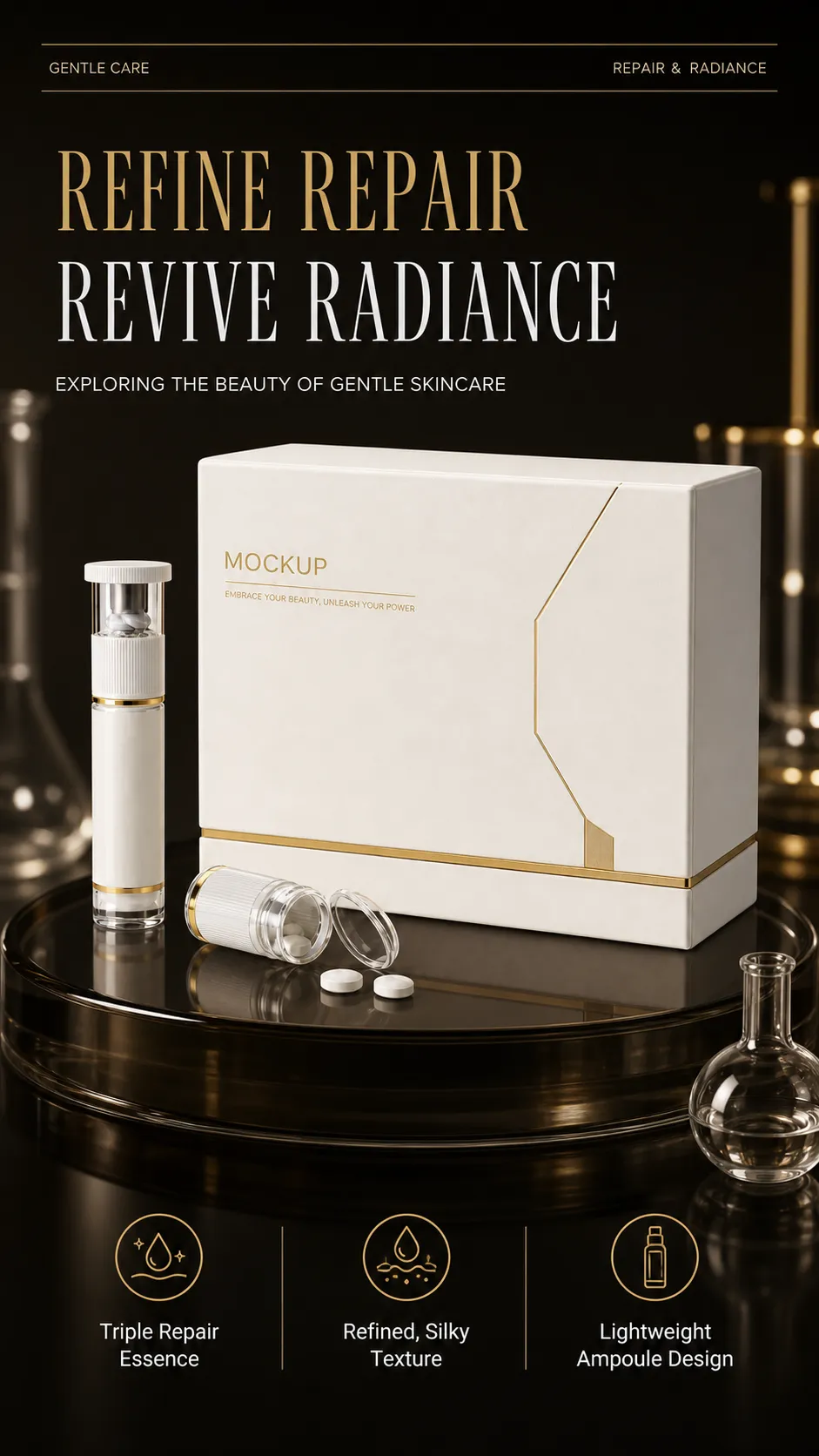 White and Gold Ampoule Repair Skincare Set Packaging｜AI Image Generation Prompts