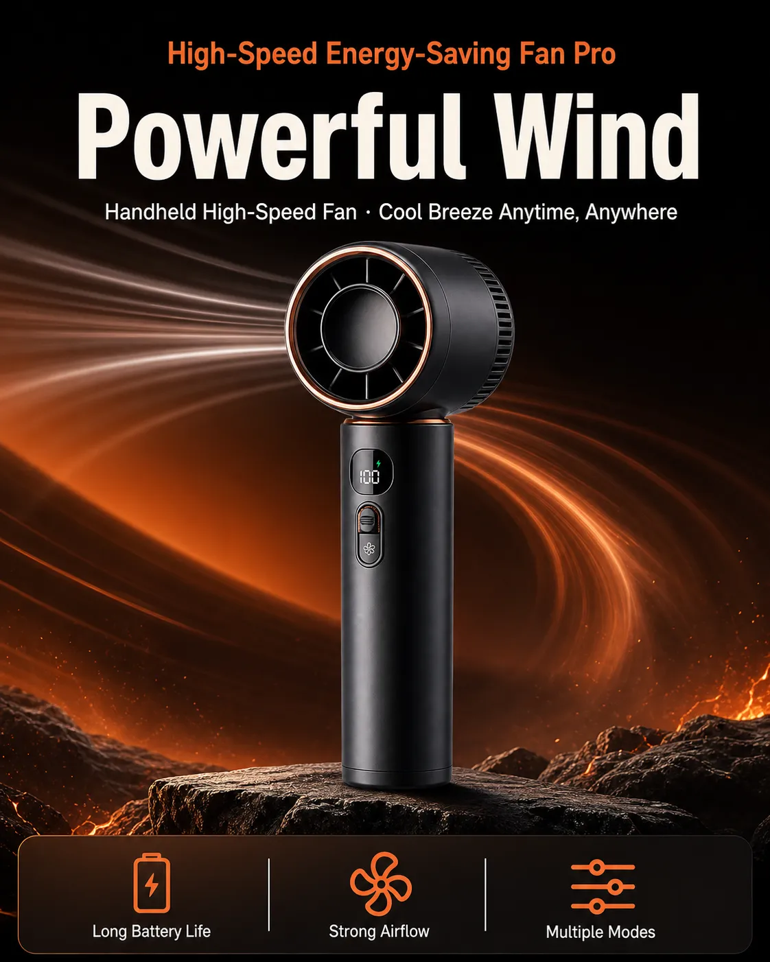 Black High-Speed Handheld Fan with Digital Display｜AI Image Generation Prompts