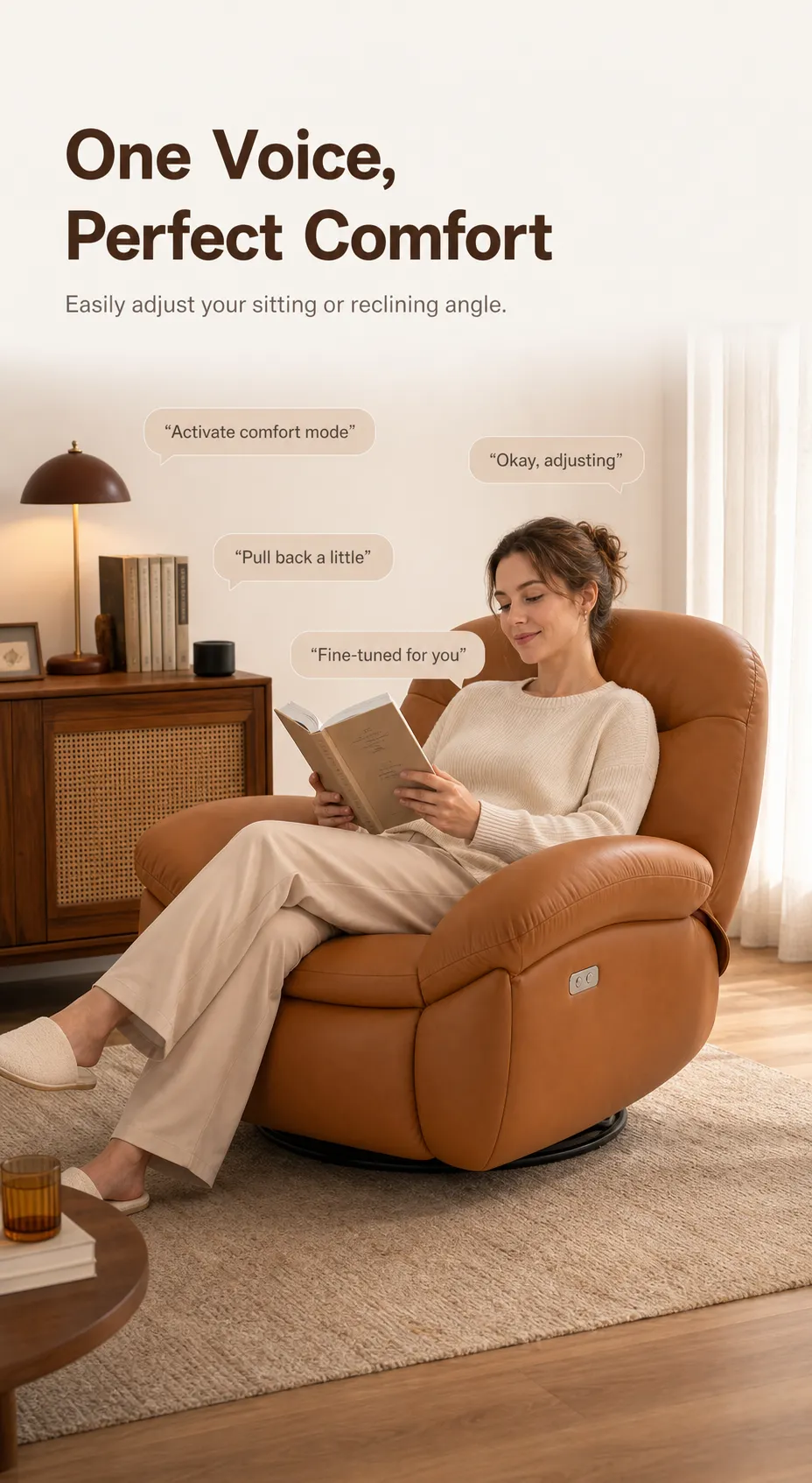 Woman reading in smart voice-controlled leather recliner｜AI Image Generation Prompts