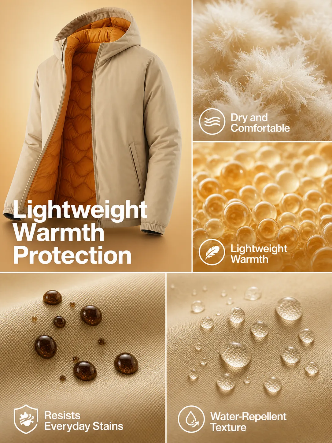 Lightweight Warm Beige Hooded Jacket Details｜AI Image Generation Prompts