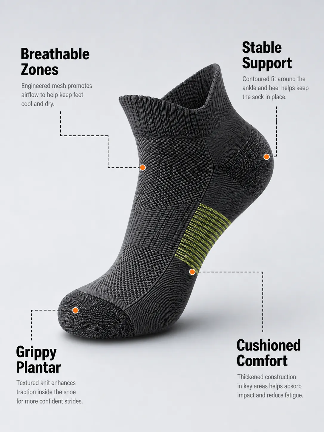 Dark Grey Athletic Sock Features Diagram｜AI Image Generation Prompts