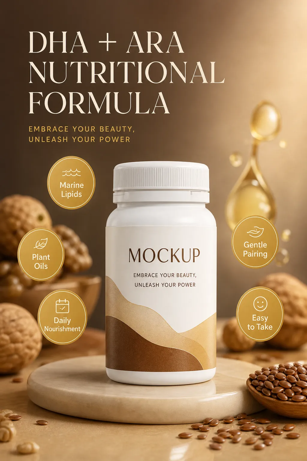 DHA ARA Nutrition Formula Bottle Mockup with Walnuts｜AI Image Generation Prompts
