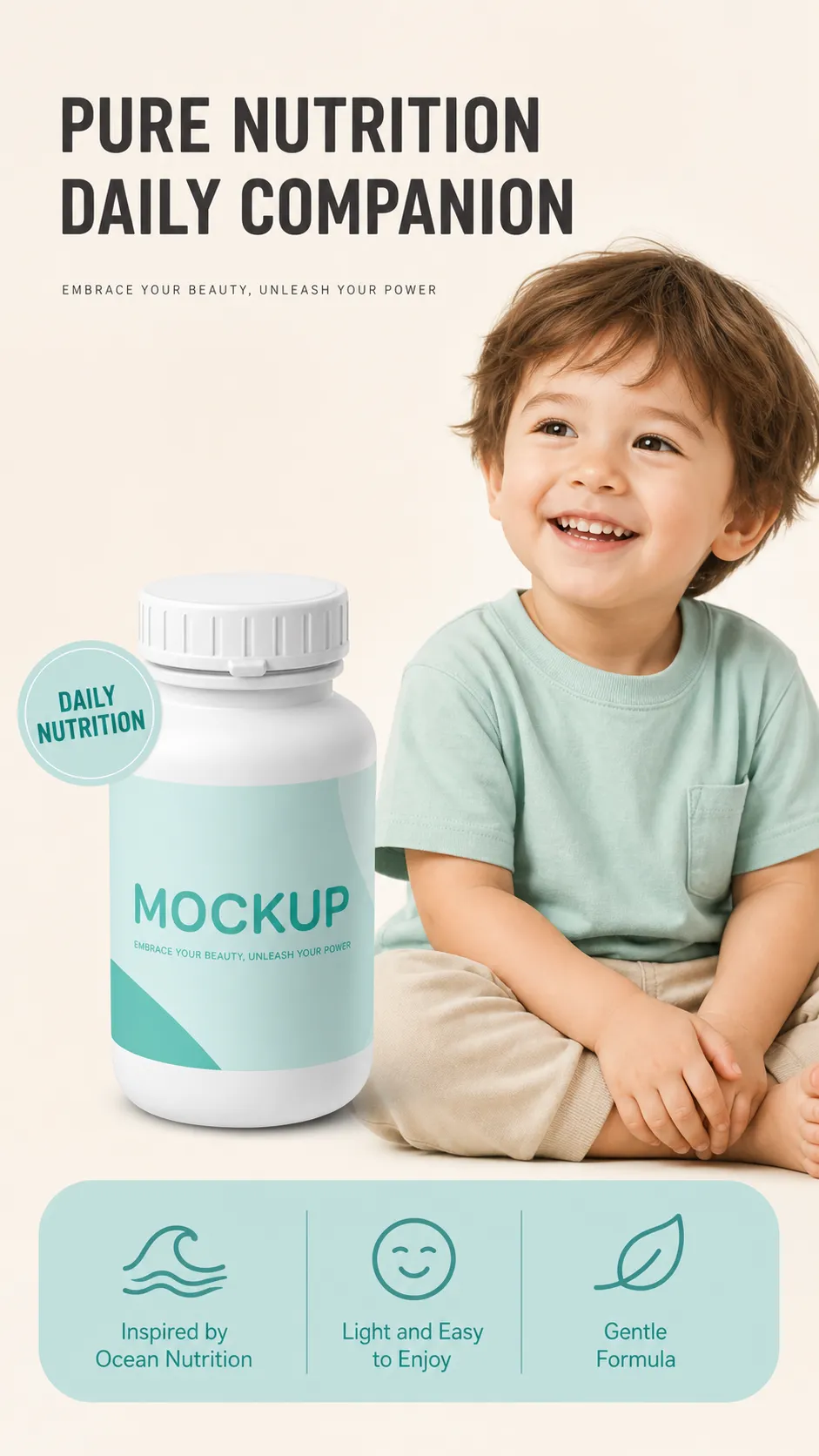 Smiling child with nutrition supplement bottle mockup｜AI Image Generation Prompts