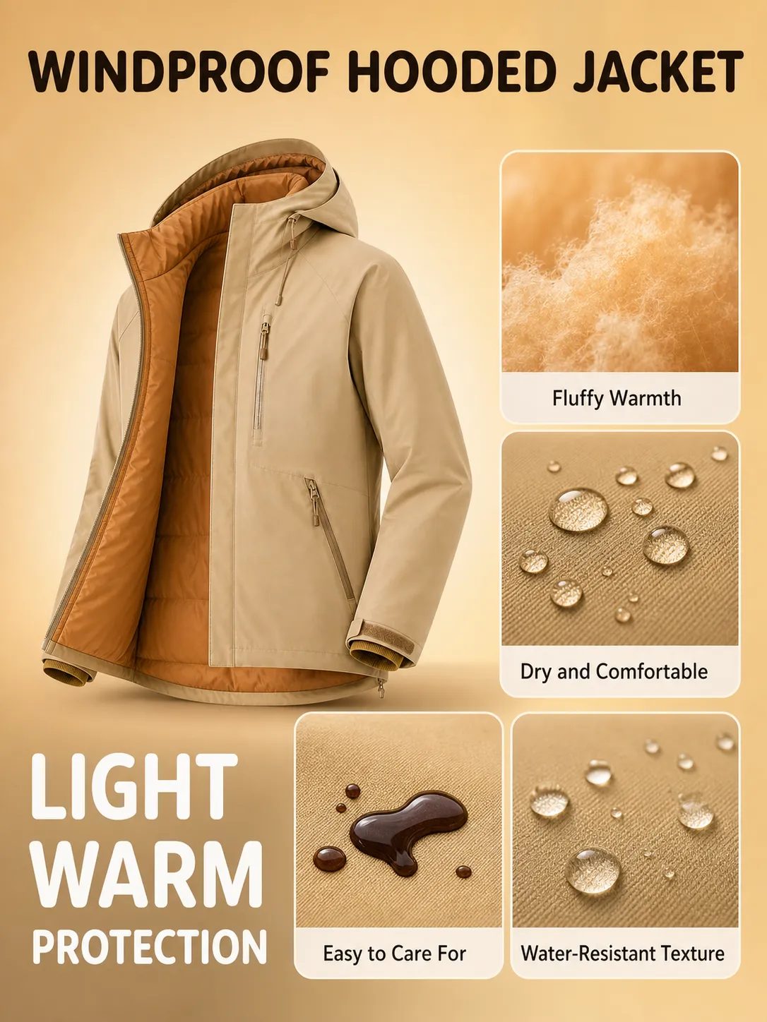 Beige Hooded Jacket with Warm Lining and Water Repellency｜AI Image Generation Prompts