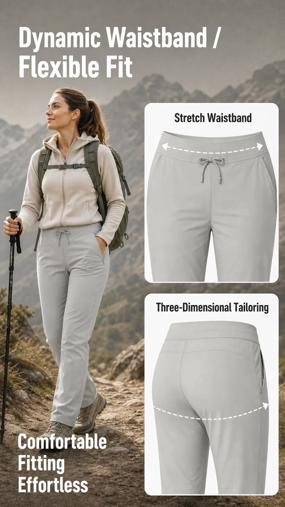 Woman hiking in comfortable outdoor pants with elastic waist｜AI Image Generation Prompts