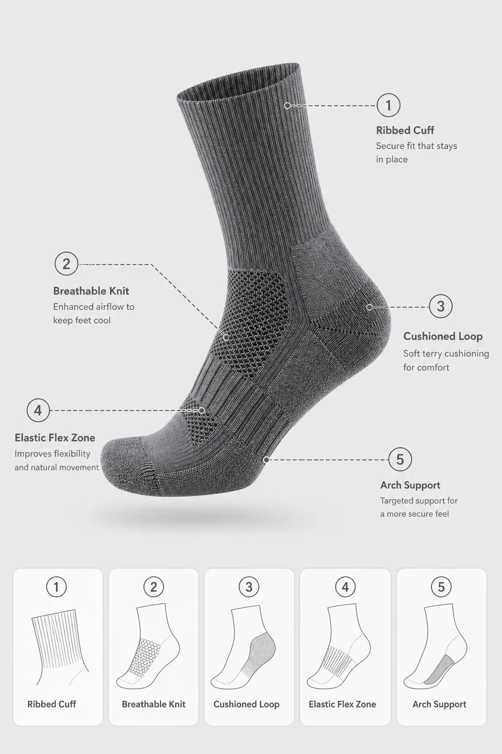 Grey Sock Design Features Diagram｜AI Image Generation Prompts