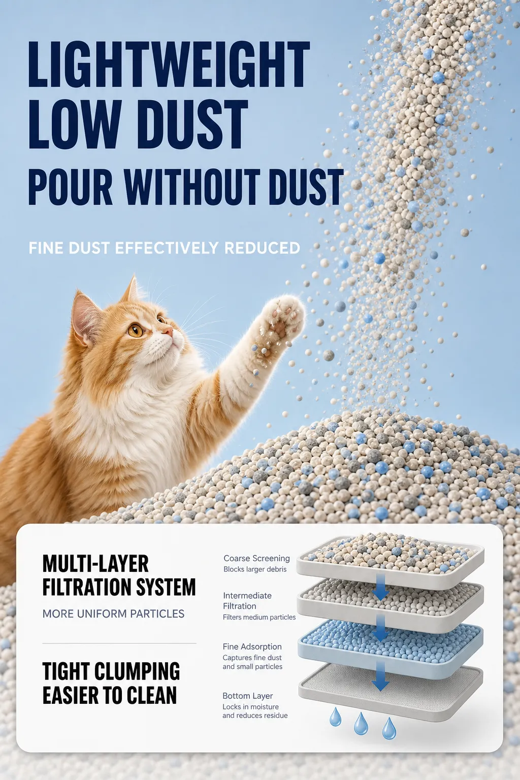 Low Dust Cat Litter with Multi-Layer Screening｜AI Image Generation Prompts