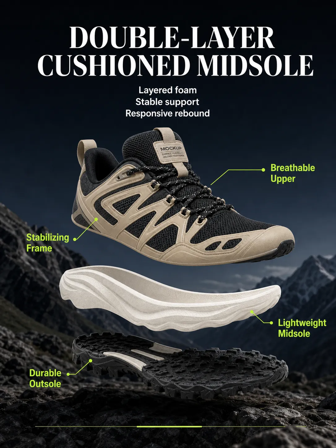 Hiking Shoe with Double Layer Cushioning Midsole｜AI Image Generation Prompts