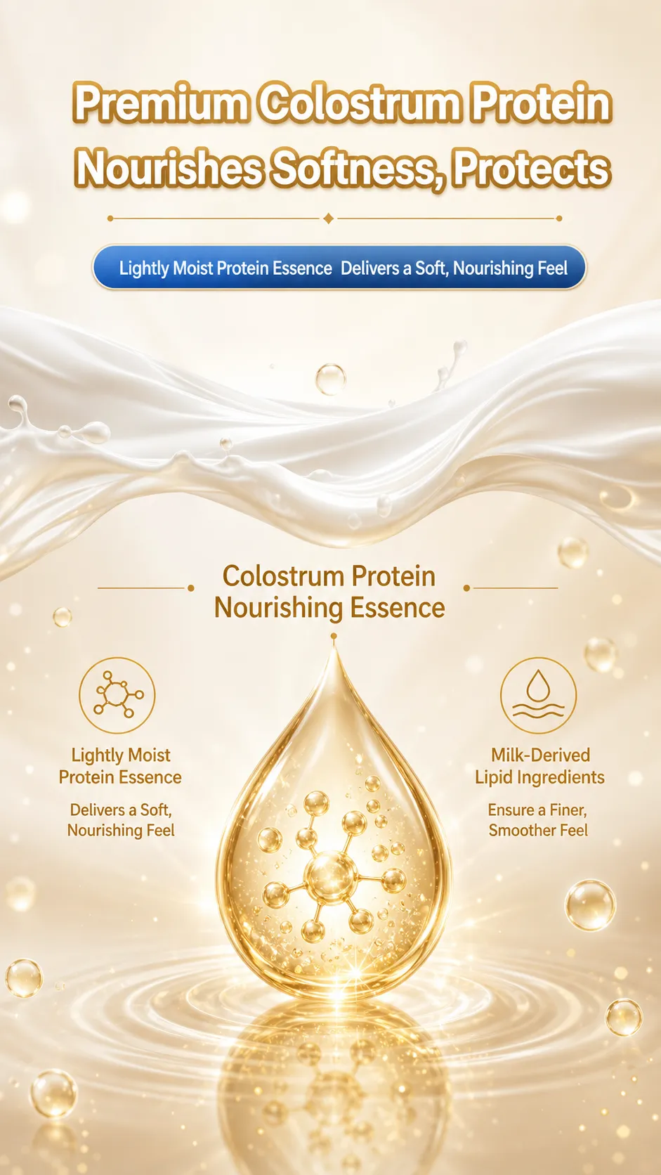 Golden colostrum protein drop skincare essence｜AI Image Generation Prompts