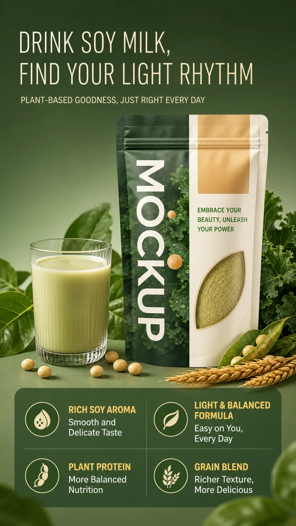 Green soy milk drink pouch mockup with soybeans and grains｜AI Image Generation Prompts