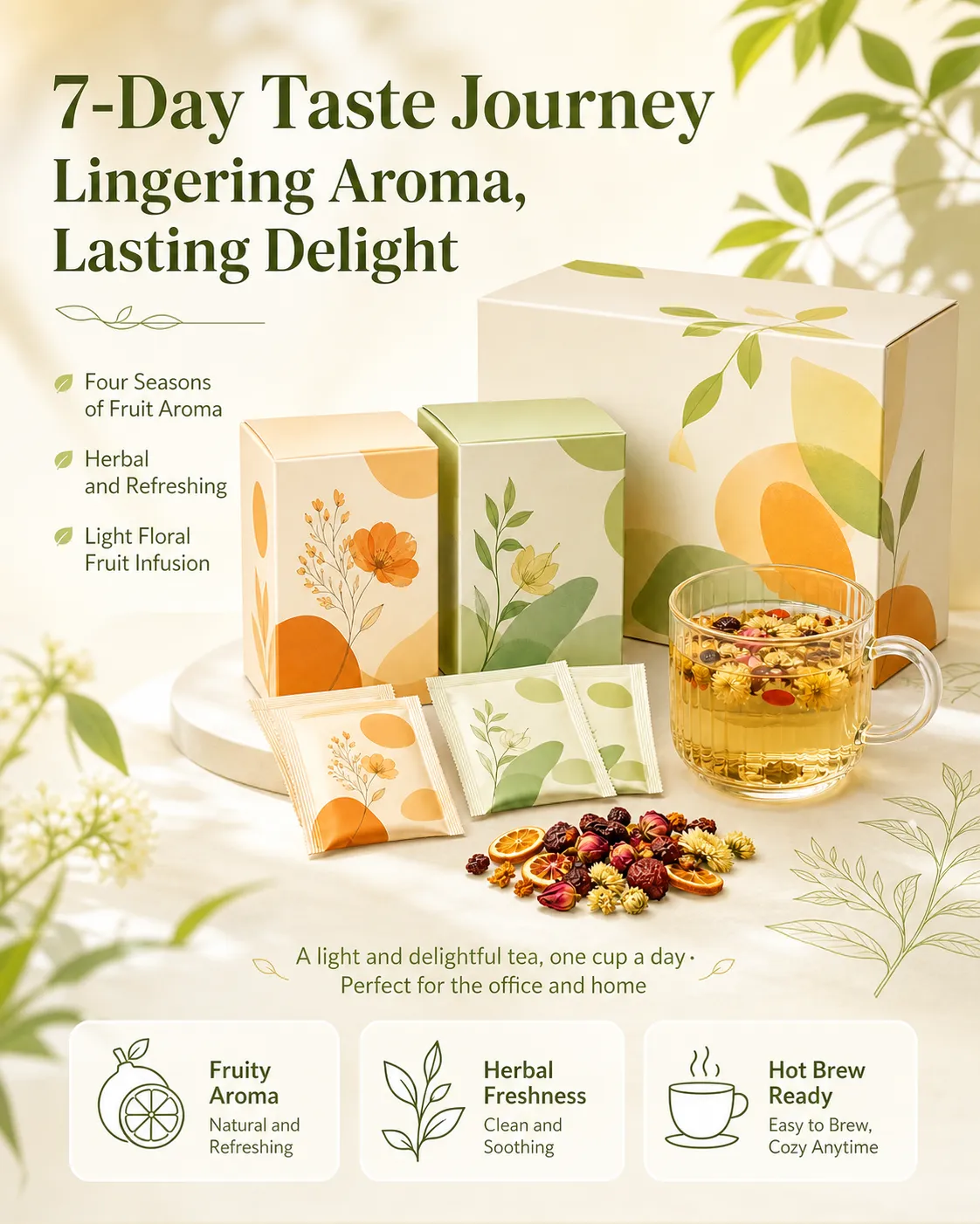 Herbal fruit tea packaging set with brewed tea｜AI Image Generation Prompts