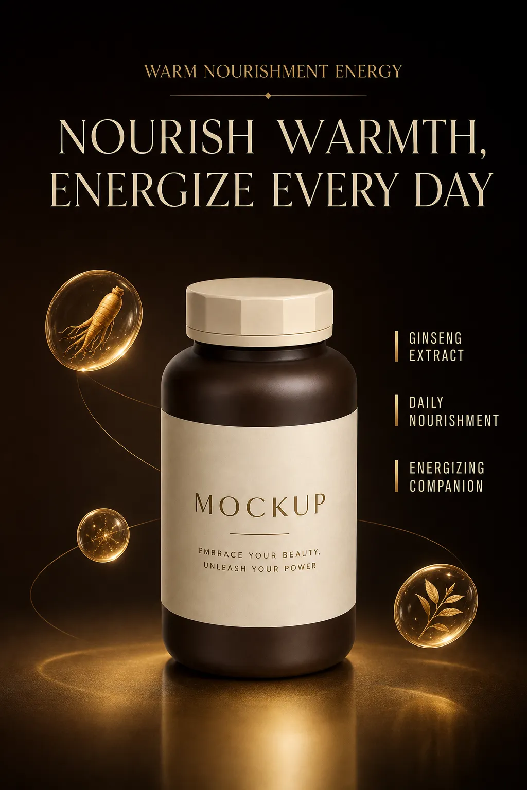Ginseng Supplement Bottle Mockup Design｜AI Image Generation Prompts