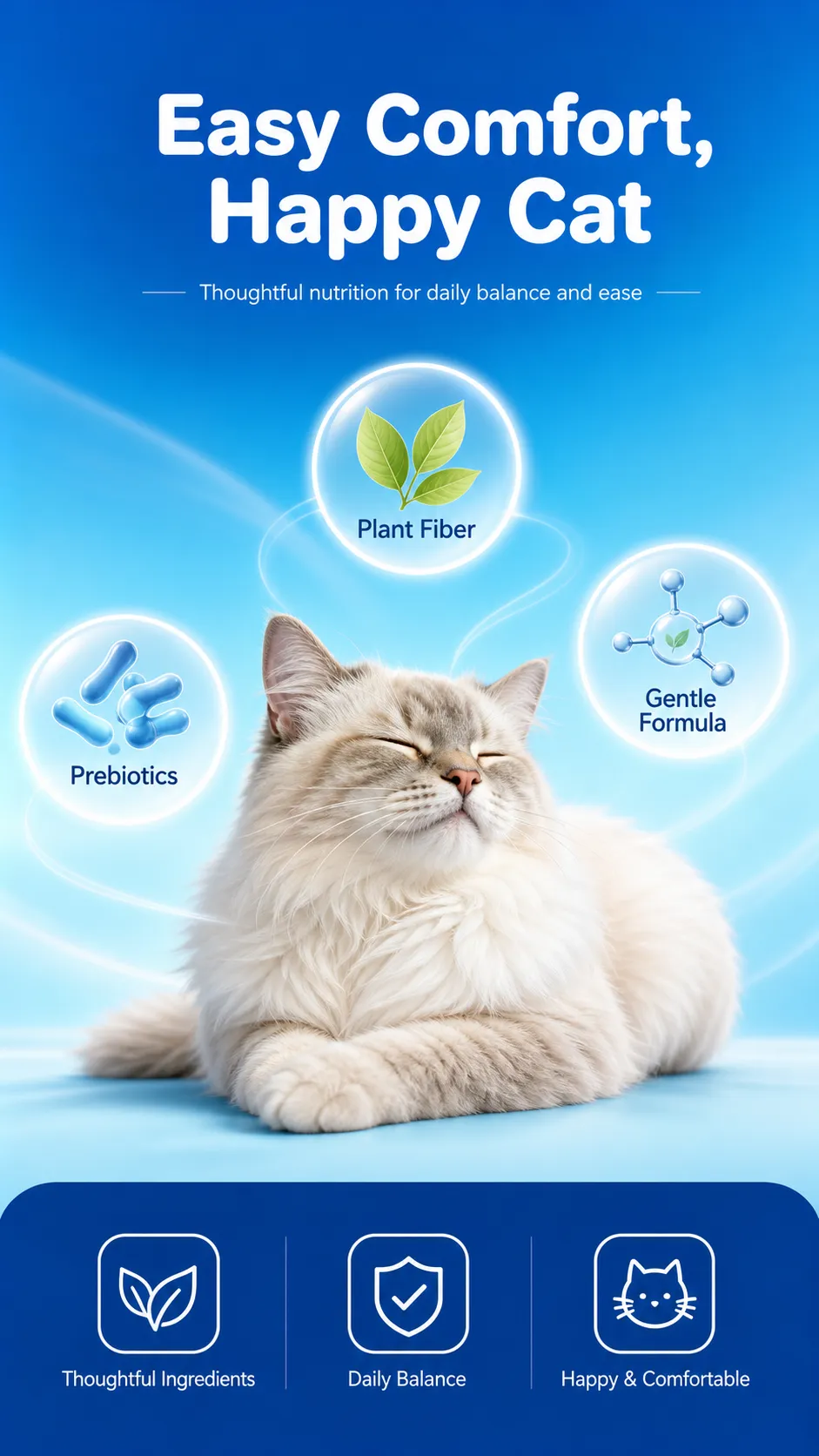 Relaxed cat with healthy digestion and gentle ingredients｜AI Image Generation Prompts