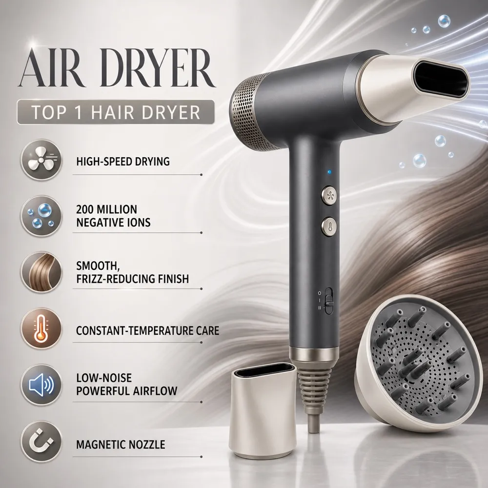 High Speed Black Hair Dryer Mockup with Attachments｜AI Image Generation Prompts