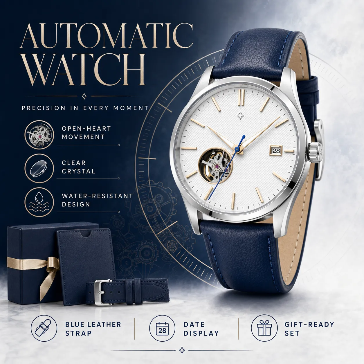 Mechanical Business Watch Blue Leather Strap Gift Set｜AI Image Generation Prompts
