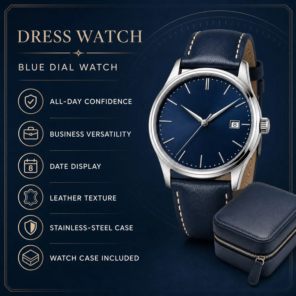Blue Dial Dress Watch with Leather Strap Mockup｜AI Image Generation Prompts