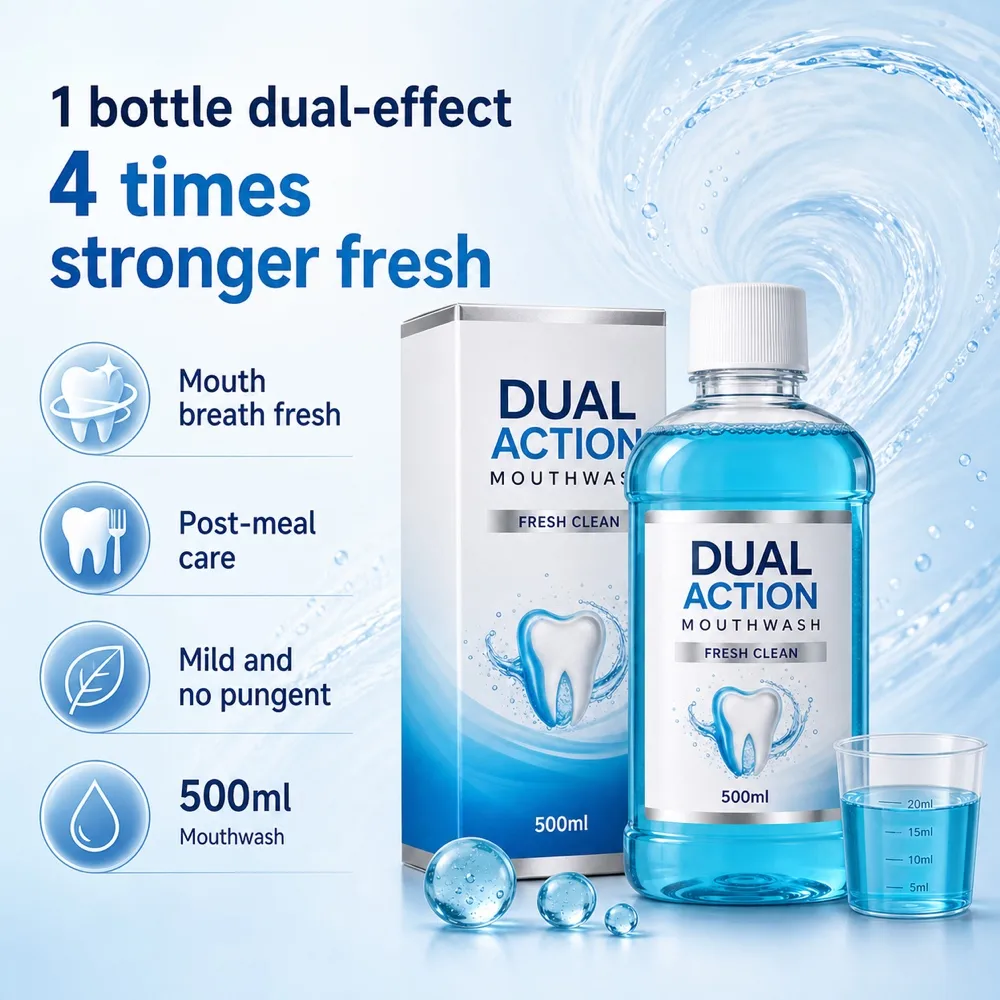 Dual Action Mouthwash Bottle Mockup 500ml Fresh Clean｜AI Image Generation Prompts