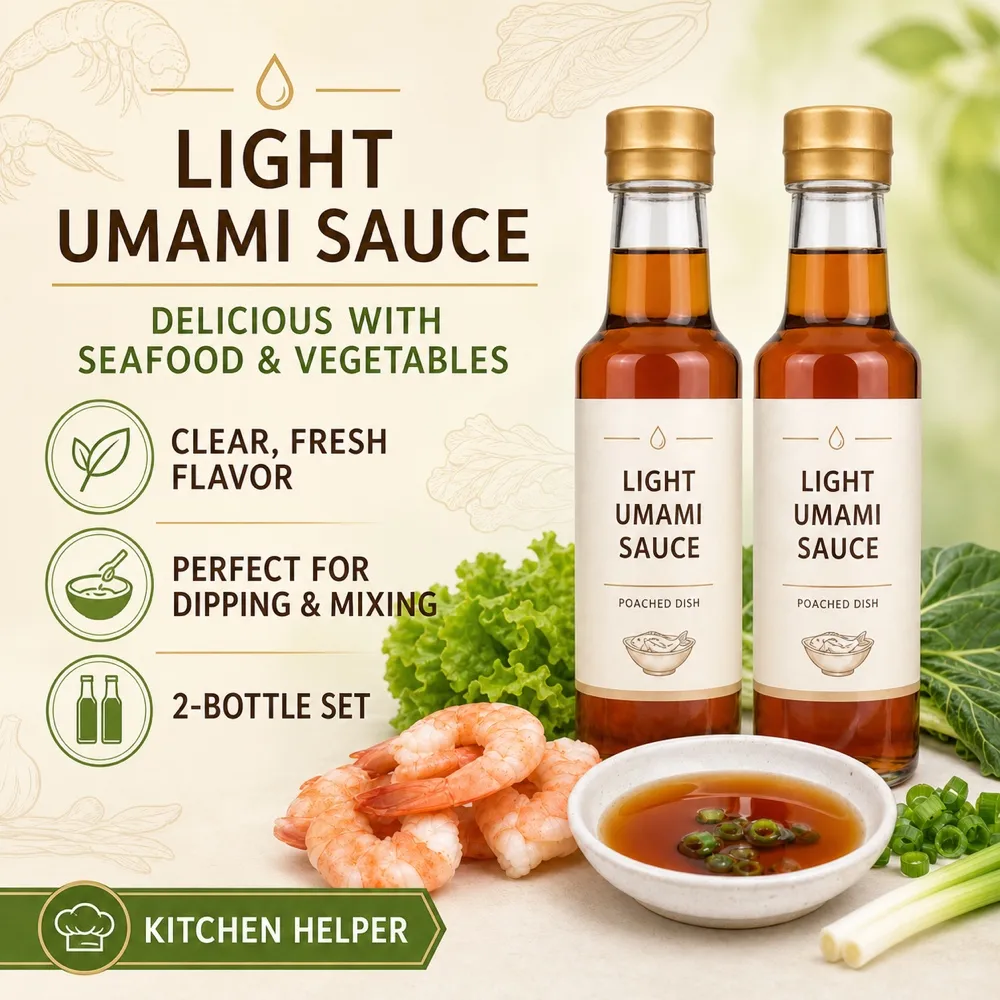 Light Umami Sauce Bottles Mockup with Shrimp and Vegetables｜AI Image Generation Prompts