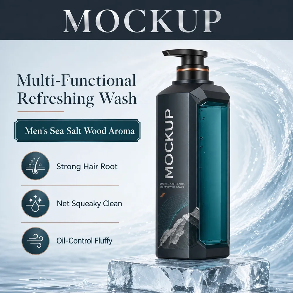 Men's Shampoo Bottle Mockup with Ice Cubes｜AI Image Generation Prompts