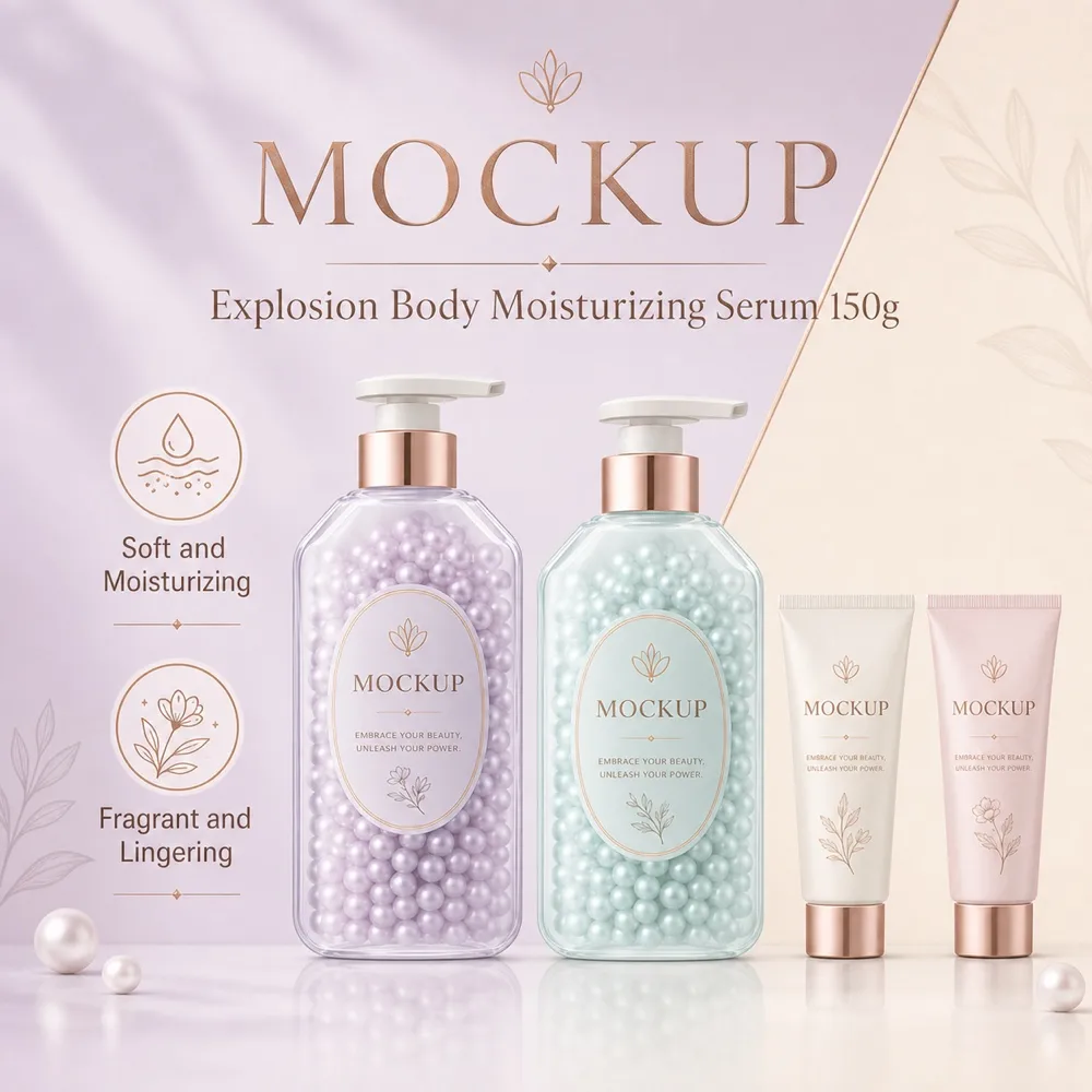 Skincare Bottle Mockup with Pearls and Hand Cream｜AI Image Generation Prompts