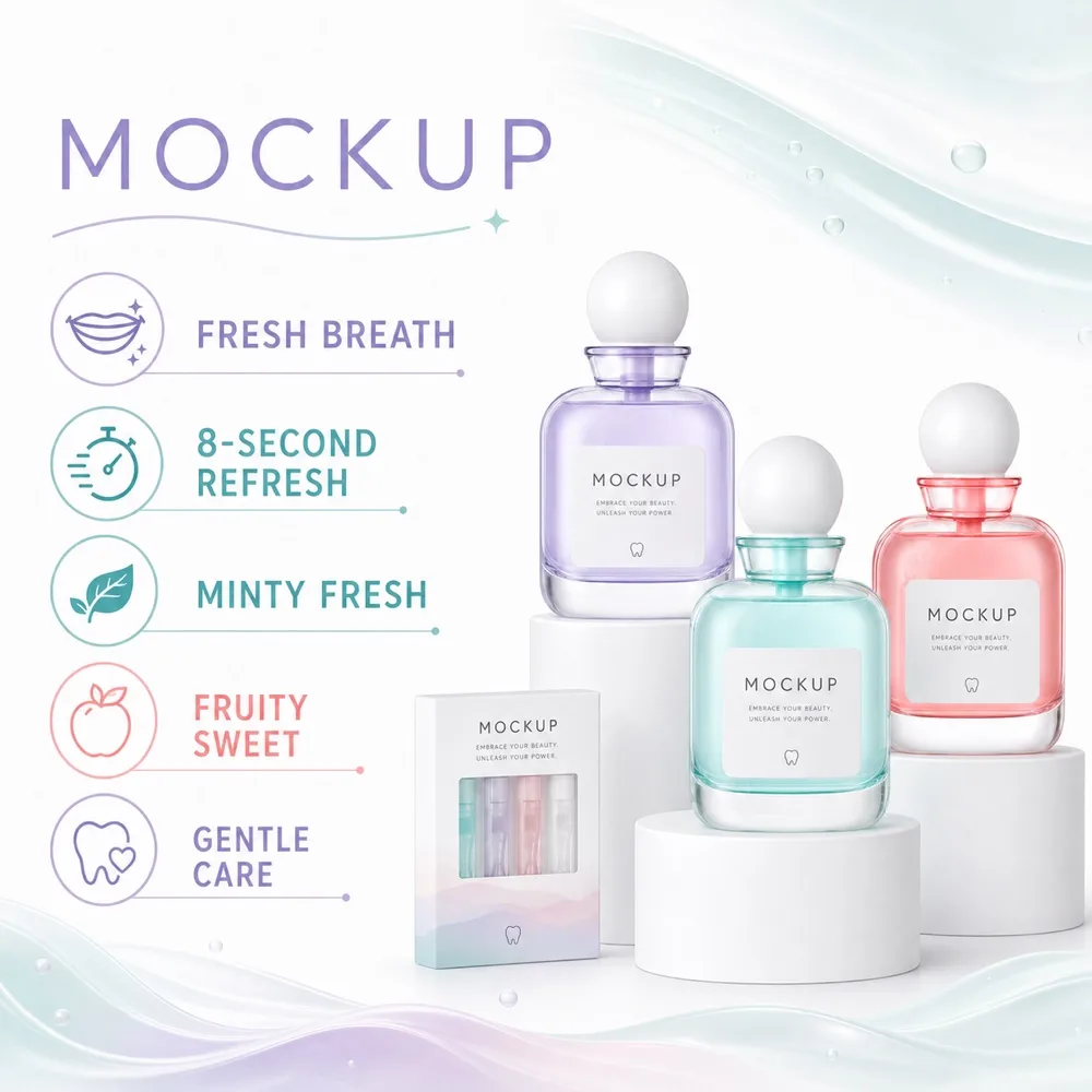 Colorful mouthwash bottles mockup for fresh breath｜AI Image Generation Prompts