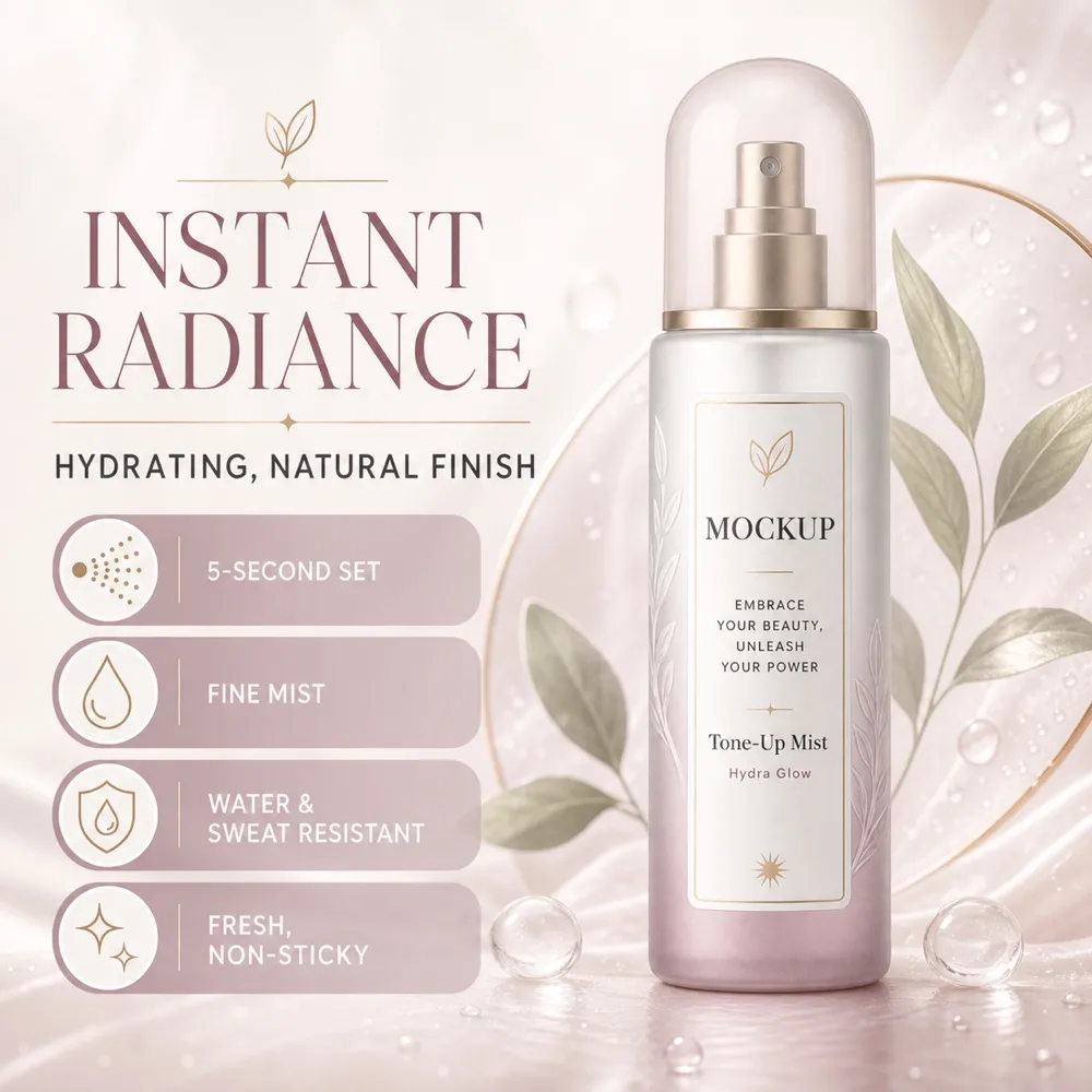 Tone-Up Mist Spray Bottle Mockup with Hydra Glow Label｜AI Image Generation Prompts