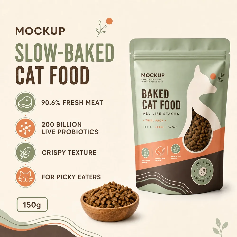 Baked Cat Food Packaging Mockup with Kibble Bowl｜AI Image Generation Prompts