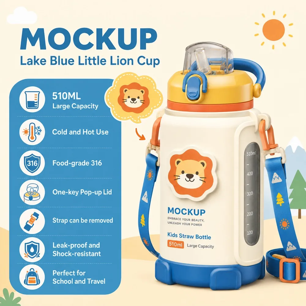 Kids Lion Straw Water Bottle 510ml Mockup｜AI Image Generation Prompts