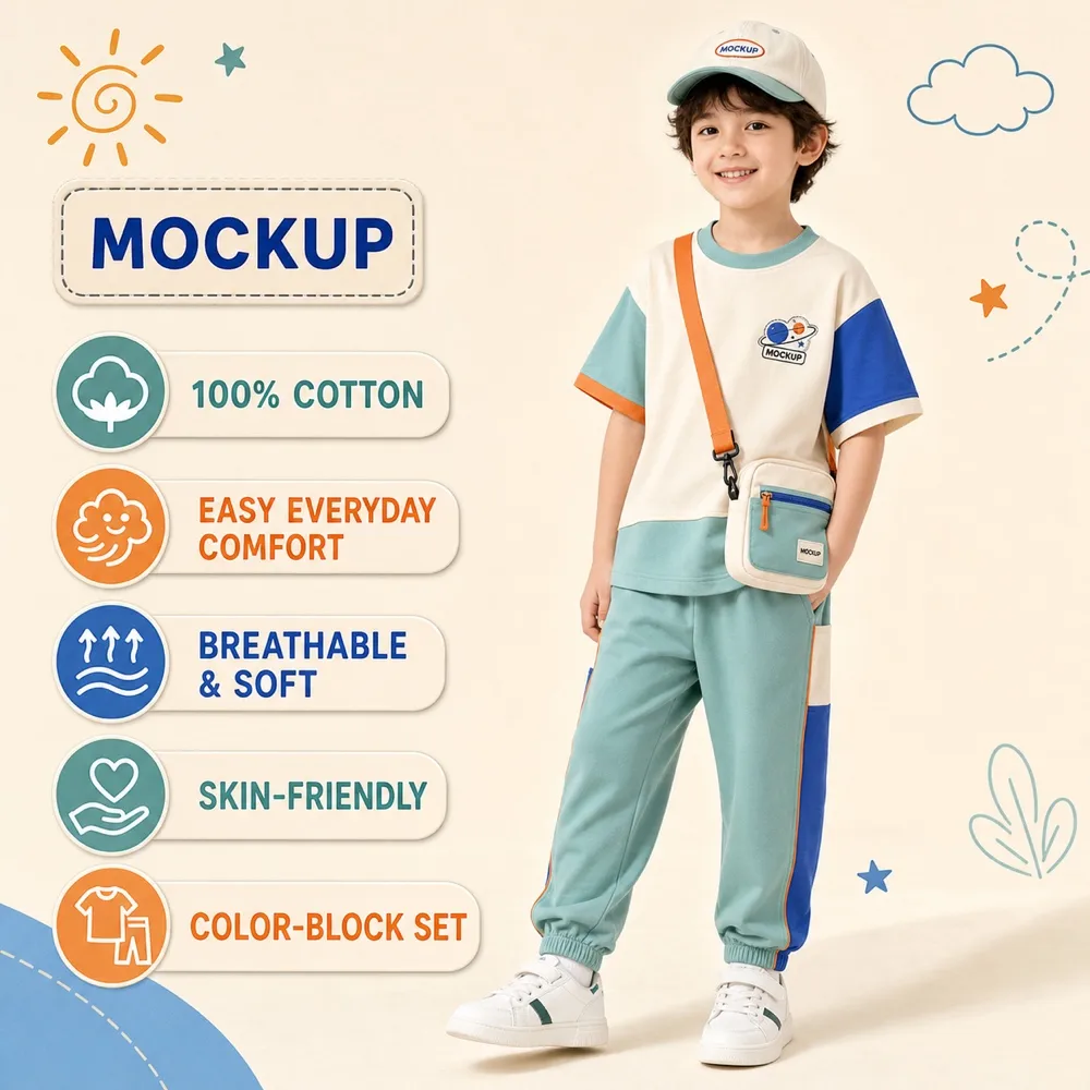 Kids Cotton Clothing Set Mockup with Cap and Bag｜AI Image Generation Prompts