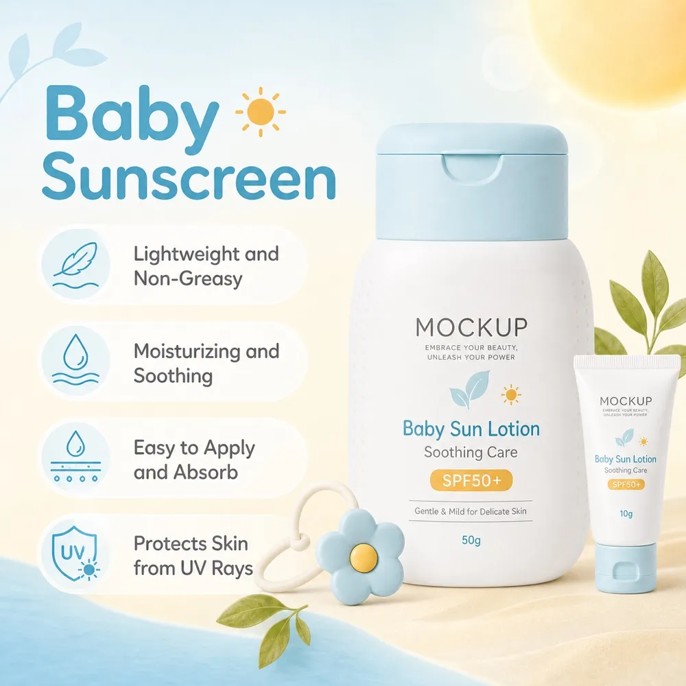 Baby Sun Lotion SPF50+ Soothing Care Product Mockup｜AI Image Generation Prompts