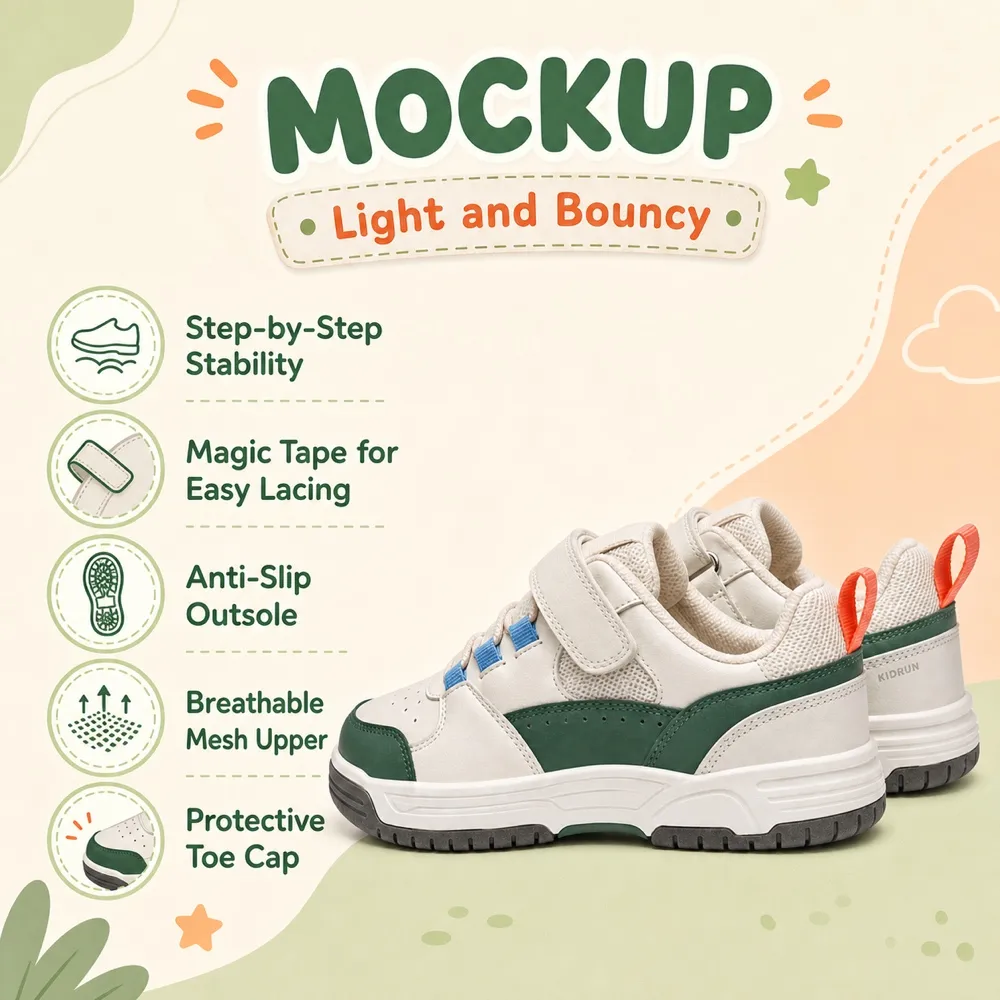 White and Green Children Sneakers Mockup Design｜AI Image Generation Prompts
