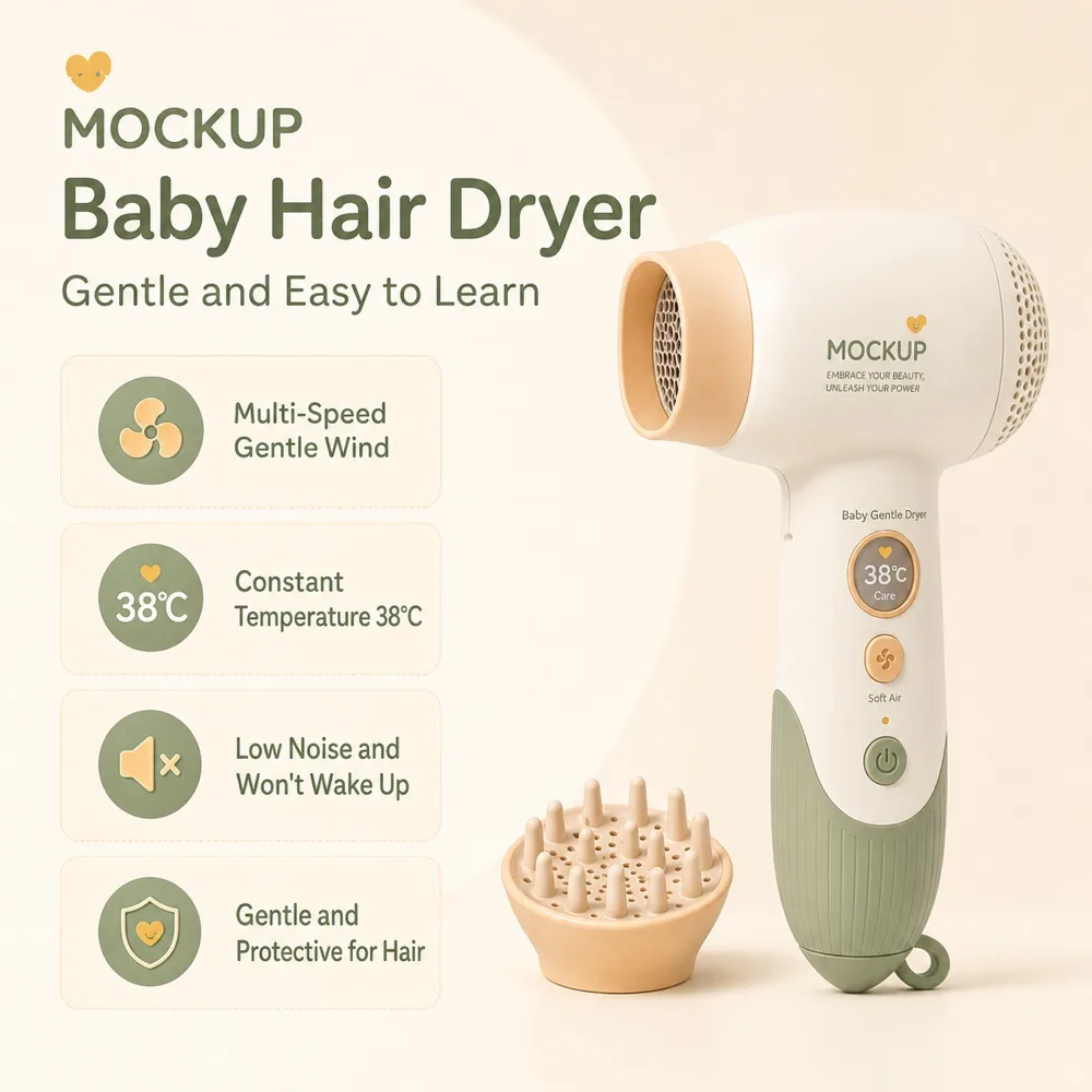 Baby Gentle Hair Dryer Mockup with Diffuser｜AI Image Generation Prompts
