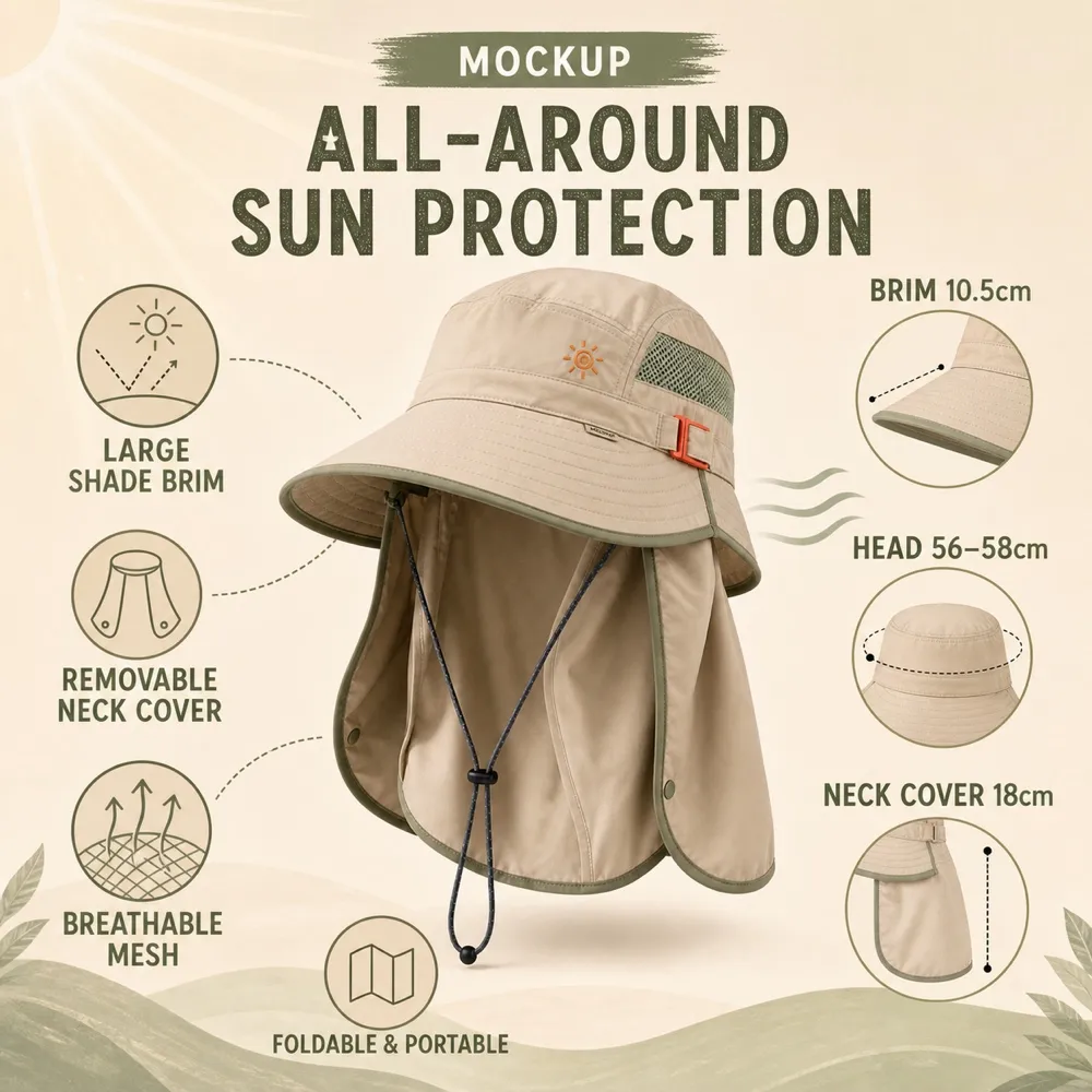 Beige Outdoor Sun Hat with Detachable Neck Flap｜AI Image Generation Prompts
