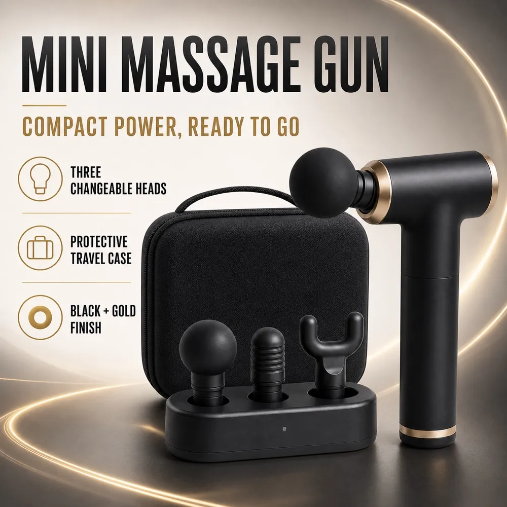 Mini Black Gold Fascia Massage Gun with Portable Case｜AI Image Generation Prompts