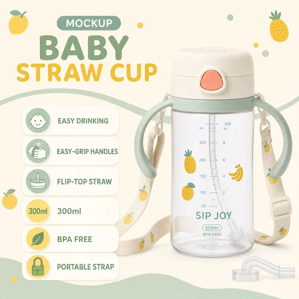 300ml Baby Drinking Cup Mockup with Fruit Pattern｜AI Image Generation Prompts