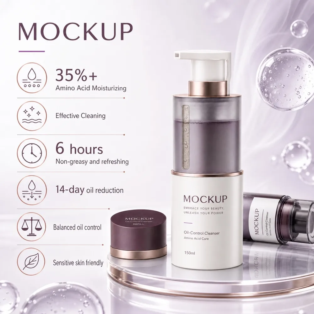 Oil-Control Cleanser Amino Acid Skincare Mockup｜AI Image Generation Prompts