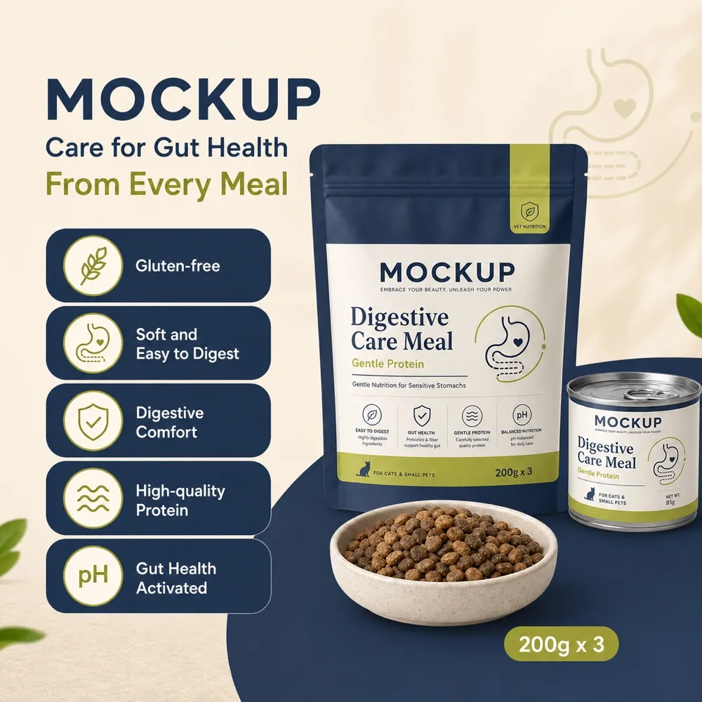 Digestive Care Meal Cat Food Packaging Mockup｜AI Image Generation Prompts