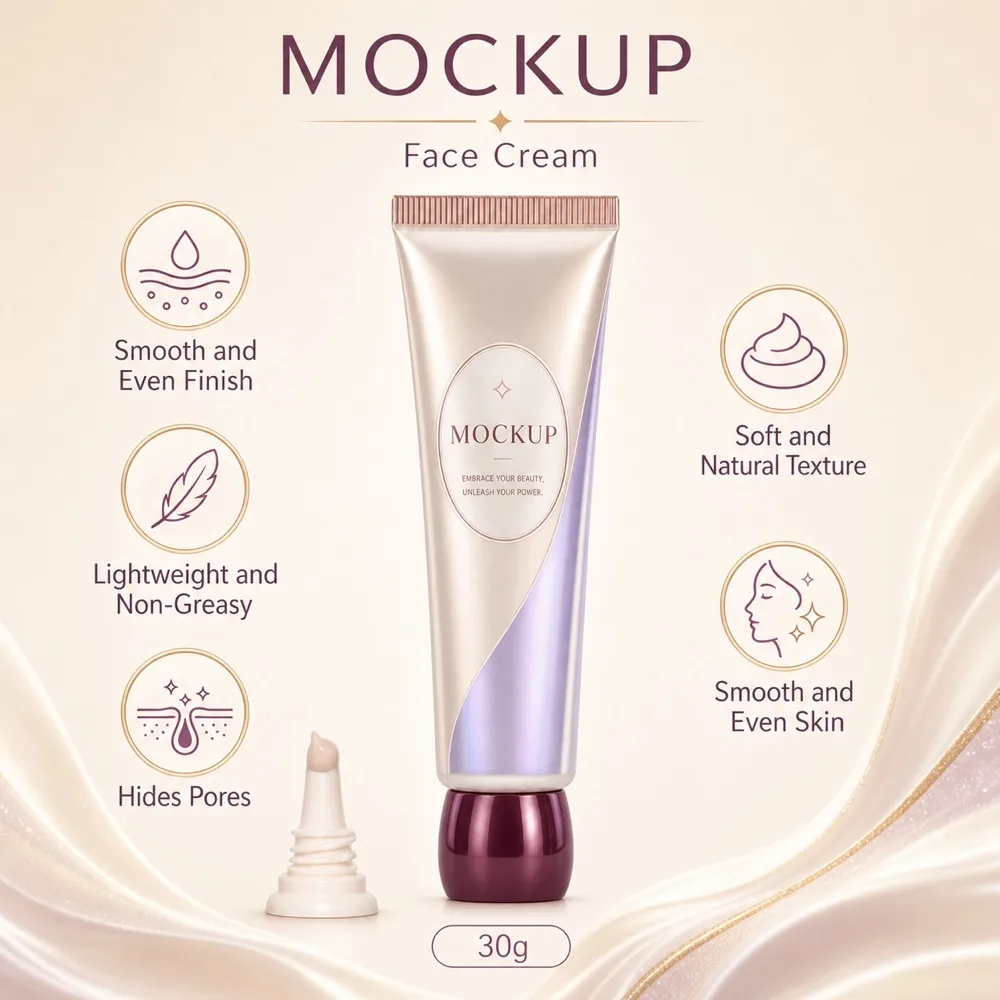 Hand holding cosmetic tube mockup for face cream primer｜AI Image Generation Prompts
