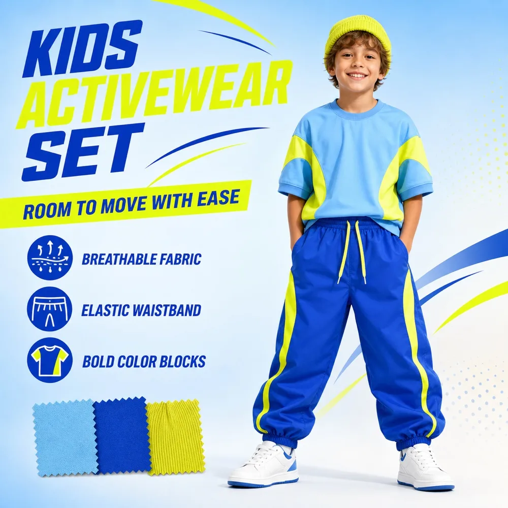 Children's Blue and Yellow Loose Sports Suit Set｜AI Image Generation Prompts