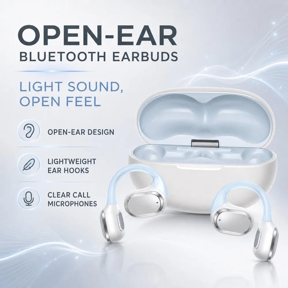 Open-Ear Bluetooth Earbuds with Charging Case｜AI Image Generation Prompts