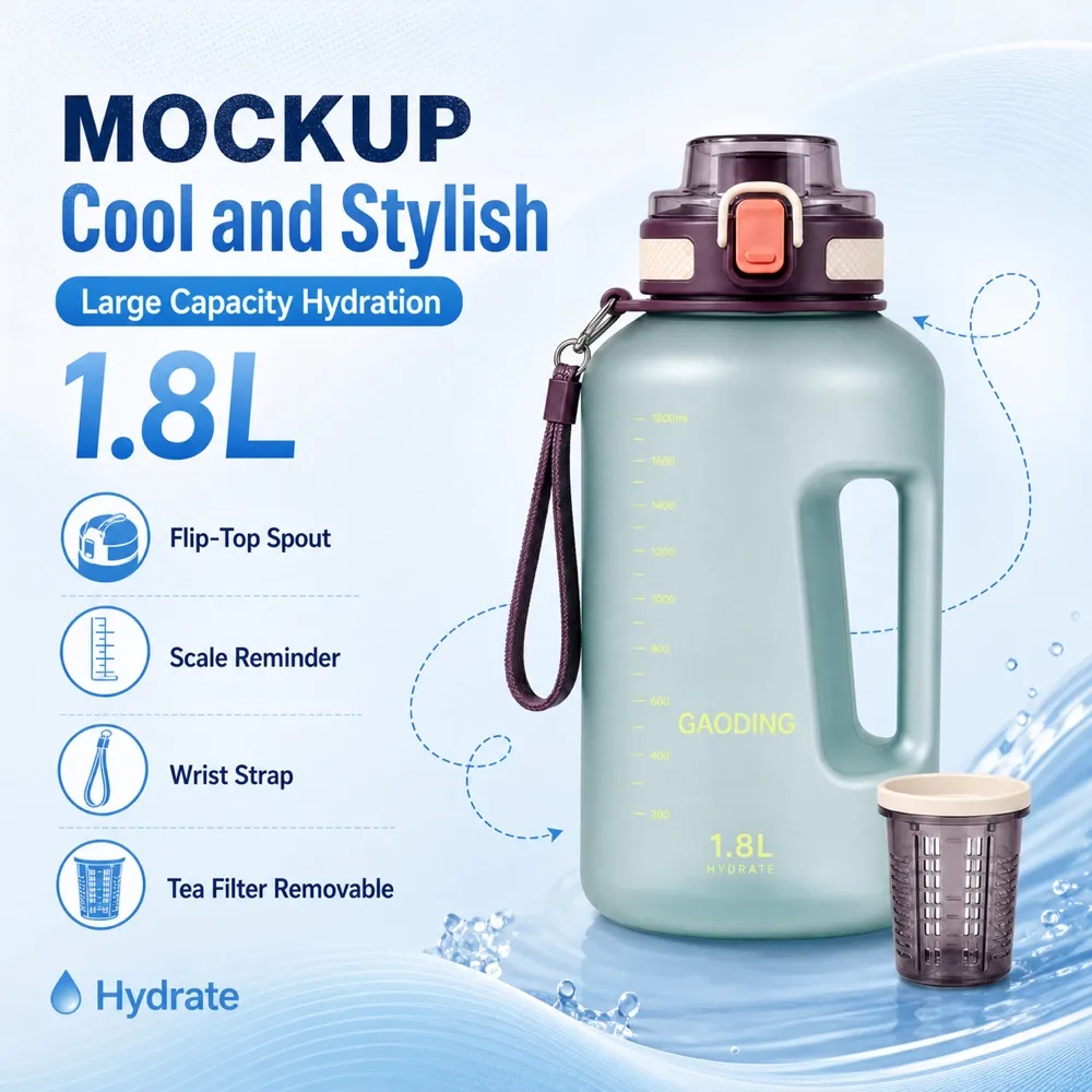 1.8L Large Capacity Sports Water Bottle Mockup｜AI Image Generation Prompts