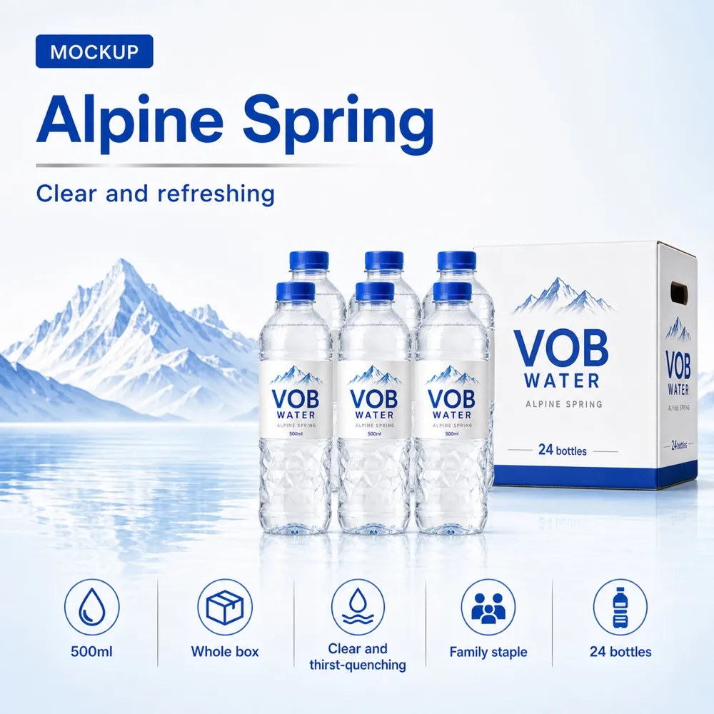 Alpine Spring Water Bottle and Box Mockup｜AI Image Generation Prompts