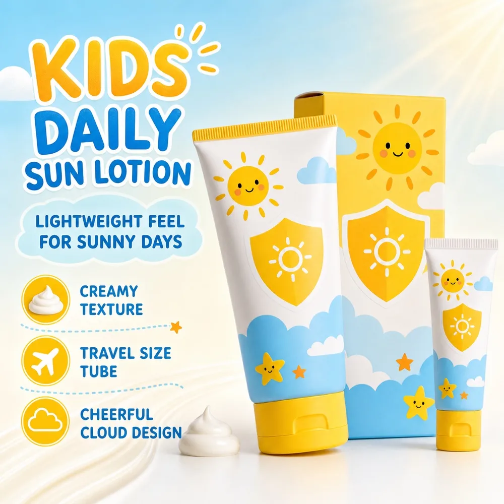 Children's Gentle Sunscreen Tubes with Sun Design｜AI Image Generation Prompts