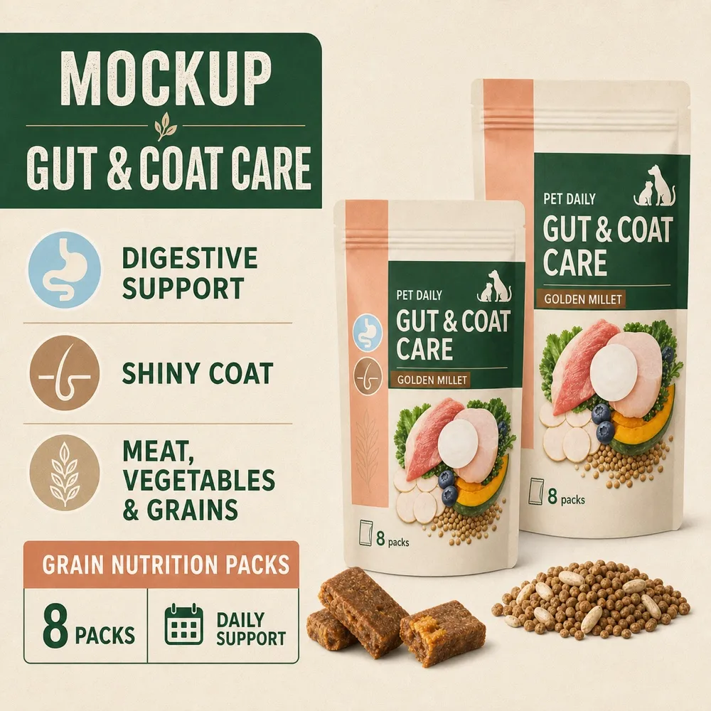 Pet Daily Gut and Coat Care Golden Millet Packaging｜AI Image Generation Prompts