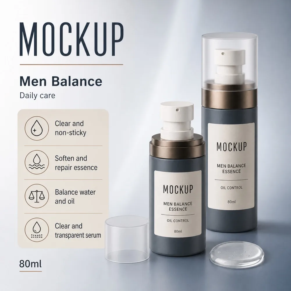 Men Balance Essence Oil Control Bottle Mockup｜AI Image Generation Prompts