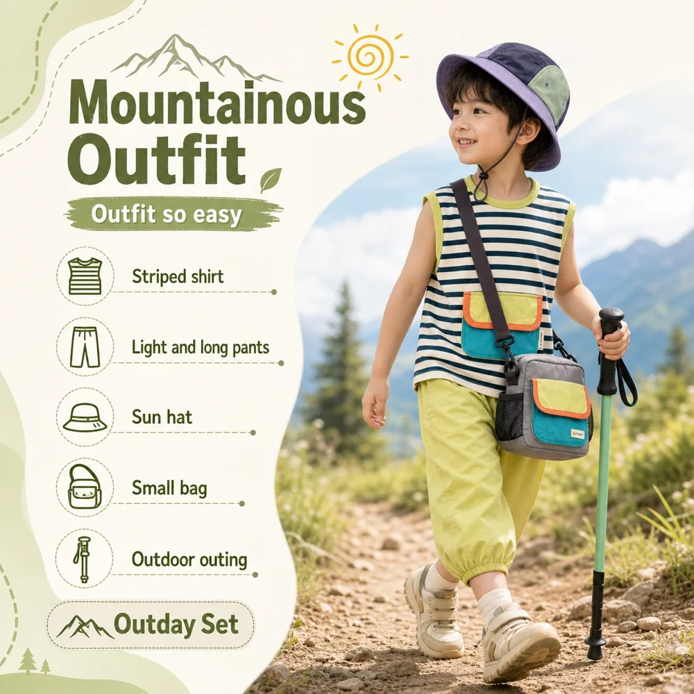 Kids Outdoor Hiking Outfit Set with Hat and Bag｜AI Image Generation Prompts