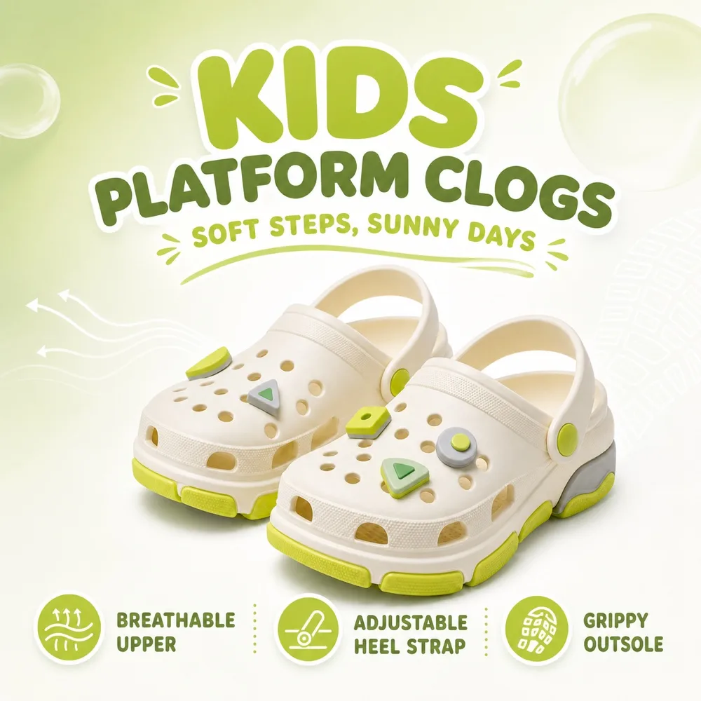 Kids White and Green Thick Sole Summer Clogs｜AI Image Generation Prompts