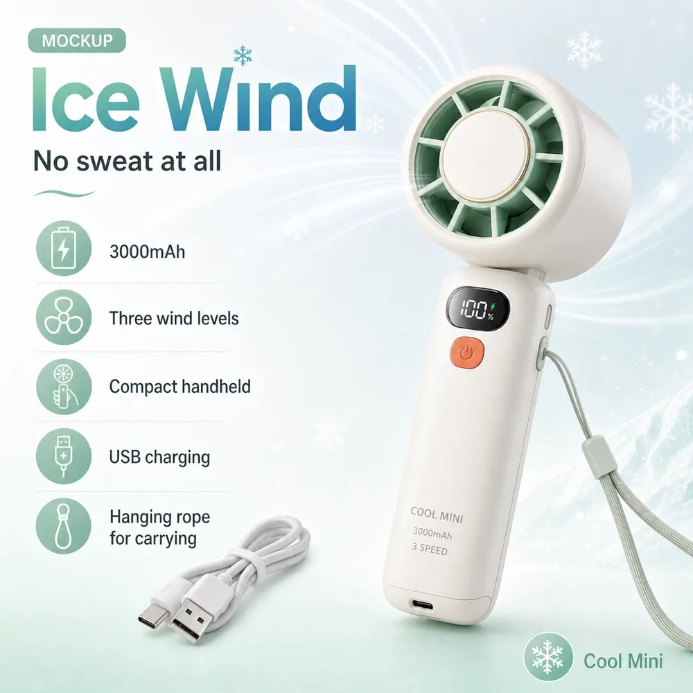 White Portable Mini Fan with Digital Display｜AI Image Generation Prompts