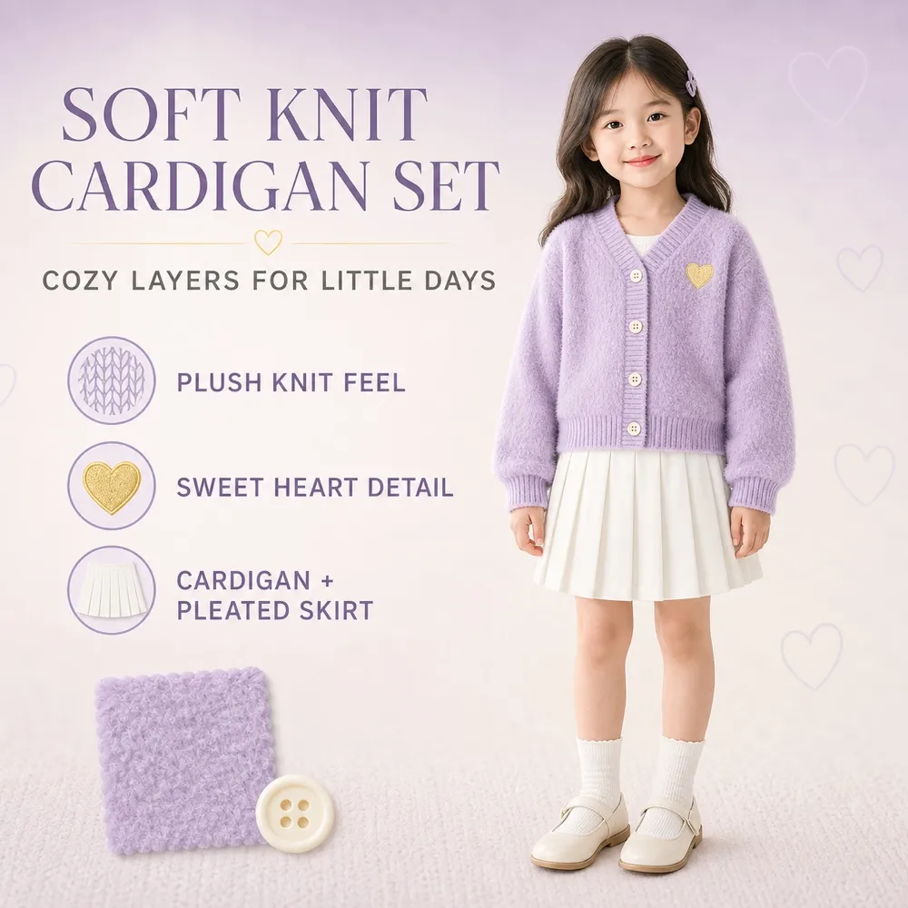 Purple Fuzzy Cardigan and White Pleated Skirt Set｜AI Image Generation Prompts