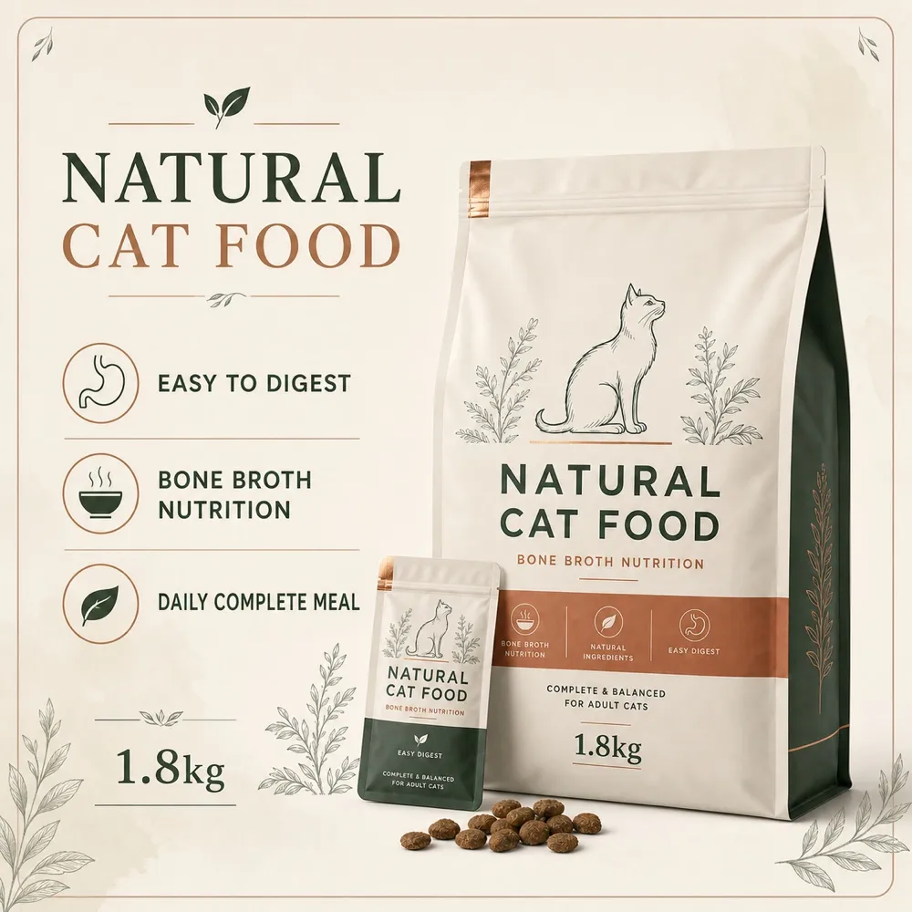 Natural Cat Food Bag Mockup with Bone Broth Nutrition｜AI Image Generation Prompts